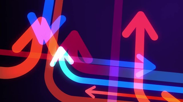 Abstract arrows background. Loop section from 6:00 to 41:00, so you can extend the animation for as long as you like. Red, blue, cyan, orange arrows following different paths on dark purple background