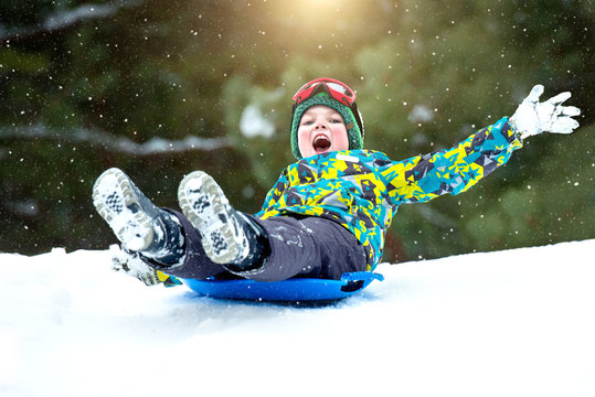  Boy sledding in a snowy forest. Outdoor winter fun for Christmas vacation.