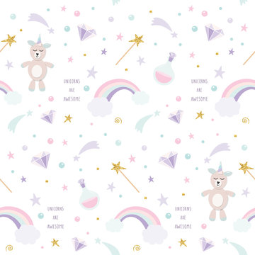 Fototapeta Unicorn magic seamless pattern background with rainbow, stars and diamonds. For print and web.
