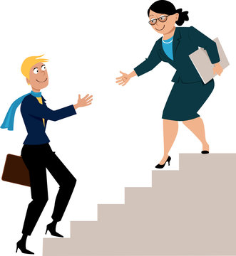 Mature business woman offering a hand to a young protegee, going upstairs, as a metaphor for mentorship or hiring, EPS 8 vector illustration