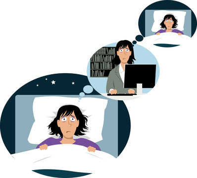 Woman lying in bed sleepless, thinking of work, where she's thinking of night rest, EPS 8 vector illustration
