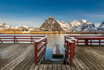 Sakrisoy, Lofoten, Norway at sunrise, view from the wooden pier