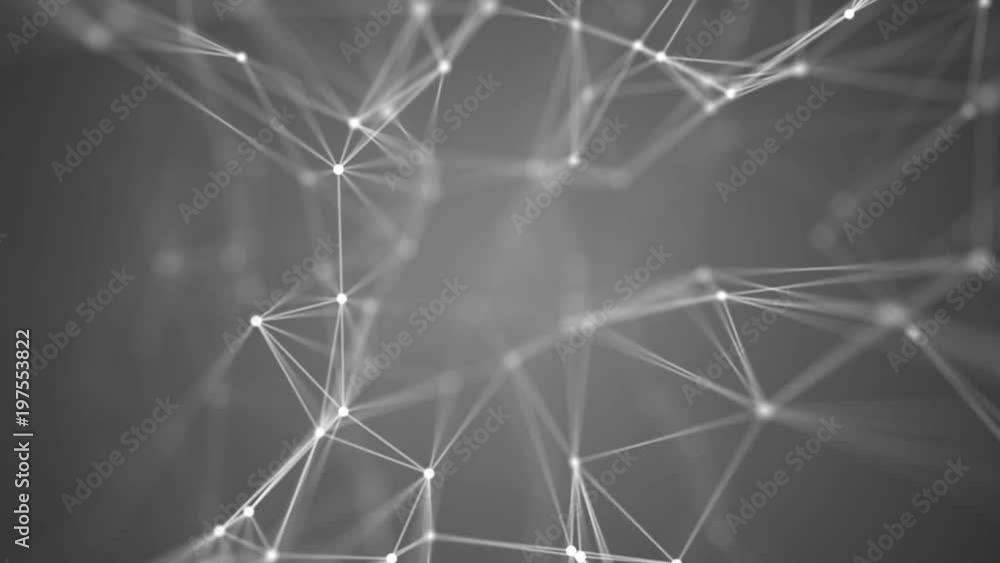 Poster Transforming structure of points, lines and triangles. The points are connected and disconnected. Gray gradient background. Depth of field. Place for text. Cinematographic space business background