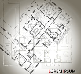 Detailed architectural plan of the big house with another scheme on the background. Top view. Black and white isolated vector image.