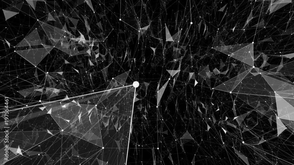 Poster Transforming structure of points, lines and triangles. The camera flies inside the structure. Black background. Place for text. Cinematographic space business background. Seamless loop.