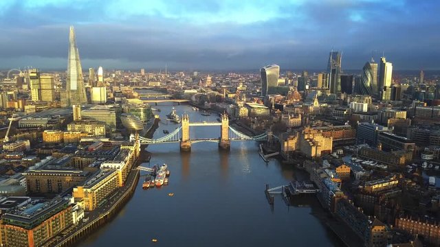 London, United Kingdom - Aerial skyline view of East London at sunrise with famous Tower Bridge, skyscrapers of Bank district and other famous landmarks