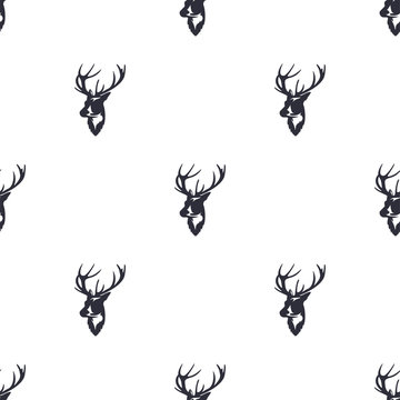 Deer head pattern. Wild animal symbols seamless background. Reindeer icons. Retro wallpaper. Vintage Stock illustration isolated on white background