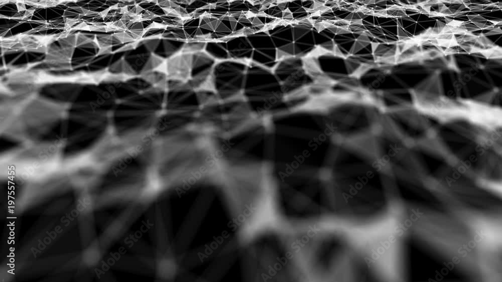 Poster transforming wave from points, lines and triangles. black background. place for text. cinematographi