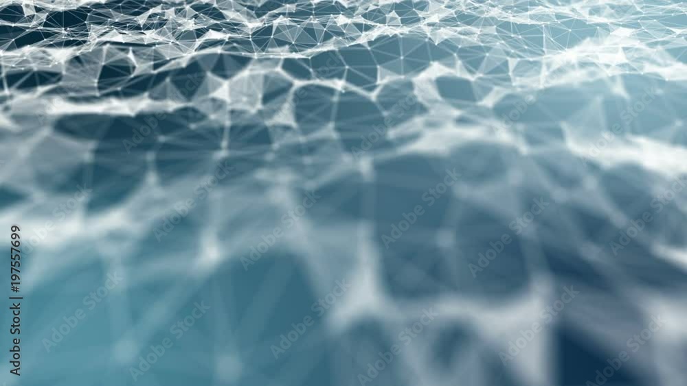 Poster transforming wave from points, lines and triangles. dark blue gradient background. place for text. c
