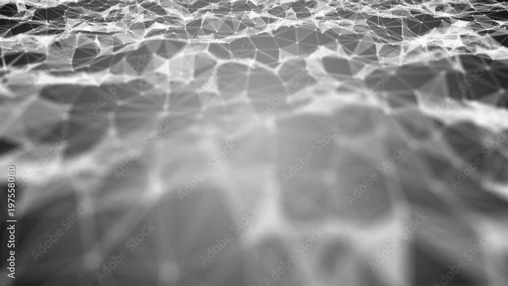 Poster transforming wave from points, lines and triangles. gray gradient background. place for text. cinema
