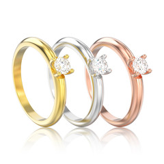 3D illustration three isolated different gold or silver traditional solitaire engagement diamond rings with reflection