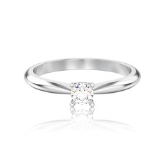 3D illustration isolated white gold or silver traditional solitaire engagement diamond ring with reflection