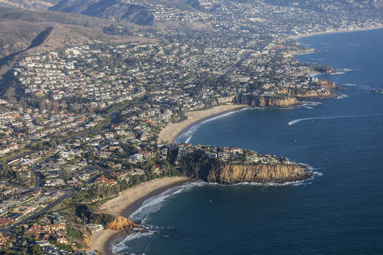 Aerial view of pacific ocean coves in Laguna Beach, California.