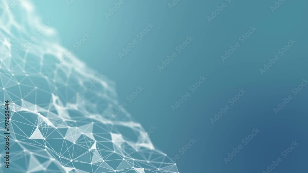 Poster Transforming wave from points, lines and triangles on the left side of the screen. Blue gradient background. Place for text. Depth of field. Cinematographic space business background. Seamless loop.