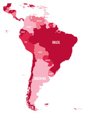 Political map of South America. Simple flat vector map with country name labels in four shades of maroon.