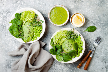 Vegan, detox Buddha bowl with avocado, spinach, micro greens, edamame beans, zucchini noodles and herb green dressing. Top view, grey concrete background