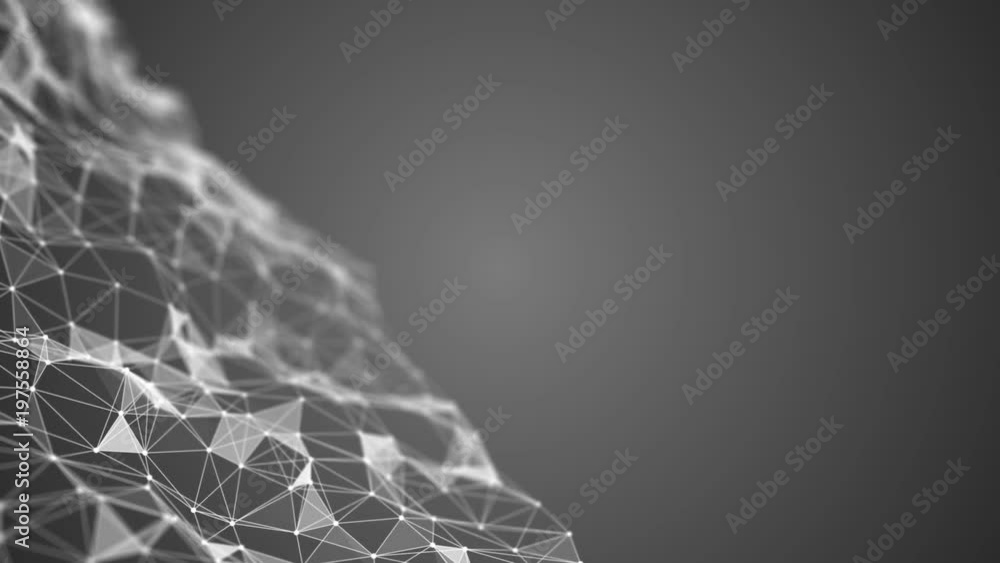 Poster Transforming wave from points, lines and triangles on the left side of the screen. Gray gradient background. Place for text. Depth of field. Cinematographic space business background. Seamless loop.