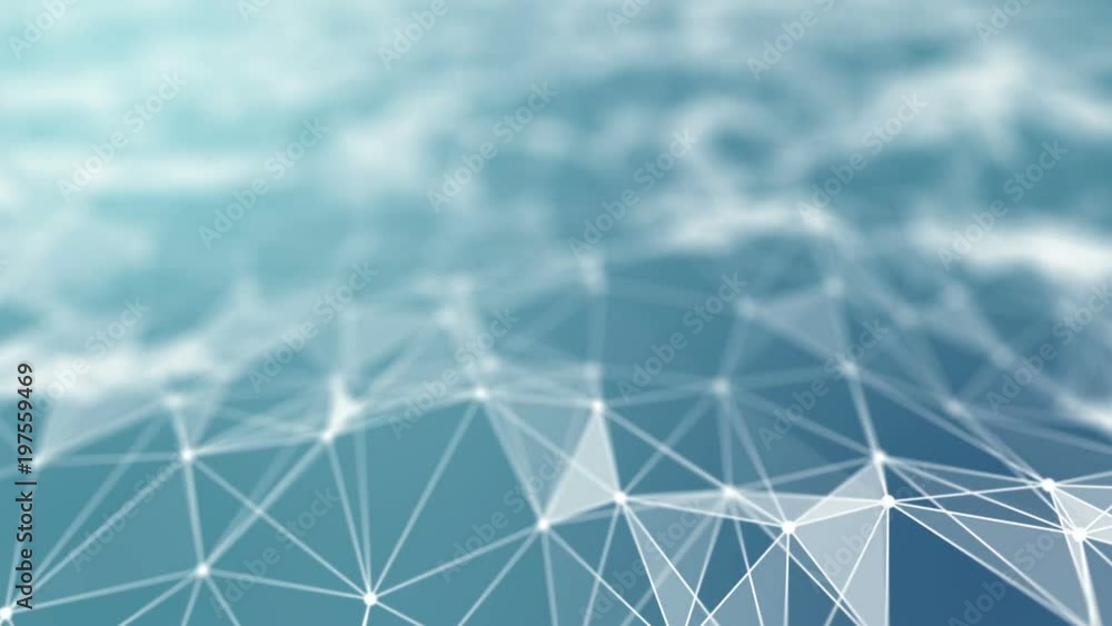 Poster Transforming wave from points, lines and triangles. Blue gradient background. Place for text. Depth of field. Cinematographic space business background. Seamless loop.