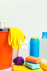 Cleaners on an isolated white background, housekeeping , supplies, concept of cleanliness