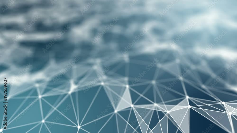 Poster Transforming wave from points, lines and triangles. Multicolored background. Place for text. Depth of field. Cinematographic space business background. Seamless loop.