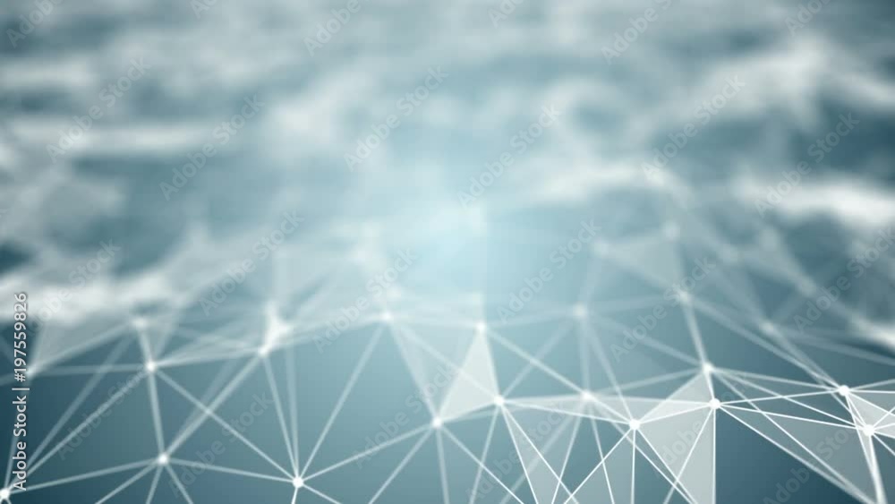 Poster transforming wave from points, lines and triangles. light blue gradient background. place for text. 