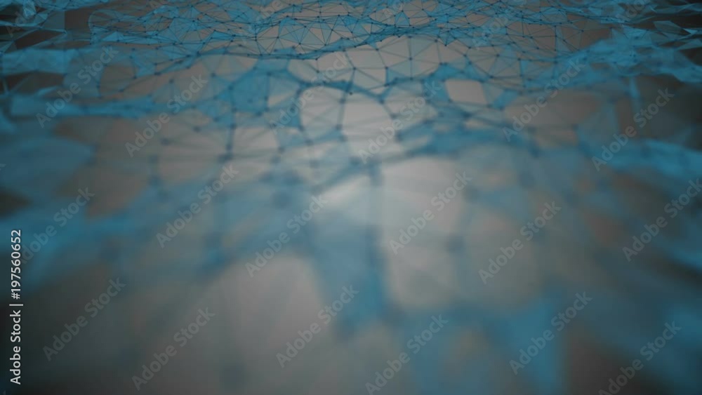 Poster transforming wave from points, lines and triangles. blue tones. gray gradient background. place for 