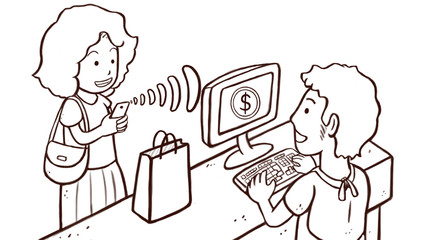 Line art illustration of a woman paying products with phone transaction. Isolated in white background.