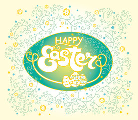 Happy Easter. Beautiful vintage card of the inscription and Easter eggs and flowering Spring. Vector template typography design.