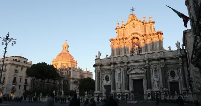 Catania Sicily Italy - The main square, the elephant statue and the Cathedral of Catania at sunset