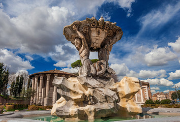 Fountain of the Tritons between the ancient roman  Temples of Hercules Victor and Portunus, in the center of Forum Boarium square, in Rome