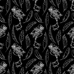 Monochrome skeleton dove pigeon feather bird animal ink line art seamless pattern texture background vector