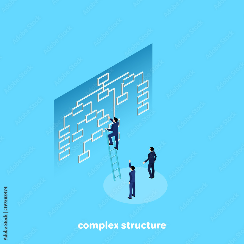 Poster a man in a business suit points out the structure of an object, an isometric image