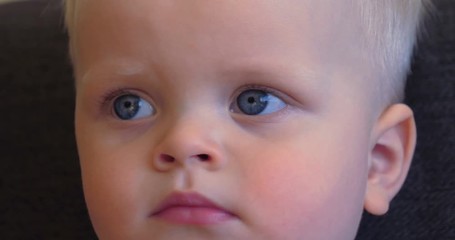 Toddler boy sitting on the couch, blond, blue eyes, watching TV.