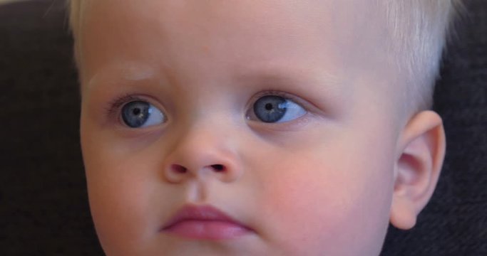 Toddler boy sitting on the couch, blond, blue eyes, watching TV.
