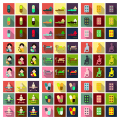 Medicine, pharmacy, hospital set of drugs with labels. Medication, pharmaceutics concept. Vector illustration