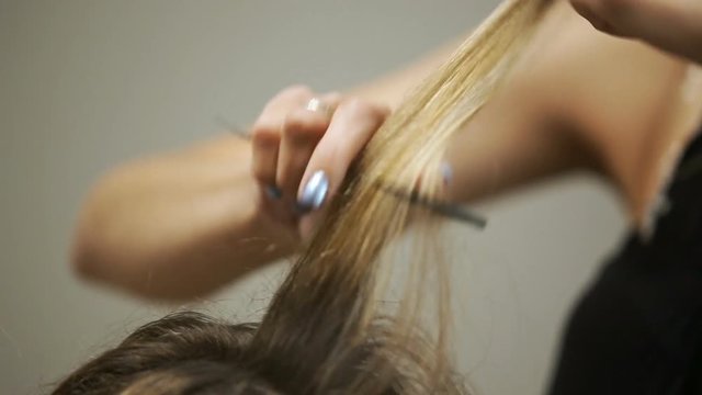 Close-up. Salon. Naches, perms Hairstyle at the blonde Hairpins