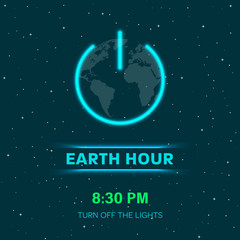 Earth hour concept with neon lights. Flat Earth planet in Space. Earth globe with on/off light switch icon or power button. Abstract space background with stars. Minimal design. Vector Illustration.