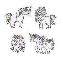 Unicorn pastel colors sketch set on the white