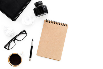 retro and modern writer desktop with coffee and ink white table background top view mock up