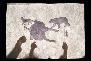 Children play in the shadow theatre. Puppet theatre. Childhood. Tale.