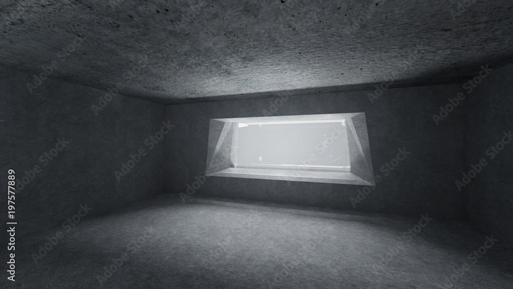 Poster 3d render low key empty space concrete room with bright window .