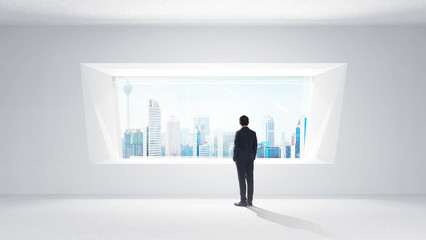 Thoughtful businessman standing in empty space concrete room with bright window and cityscape view...