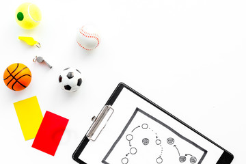 Sport judging concept. Basketball referee. Tactic plan for game, football ball, red and yellow...