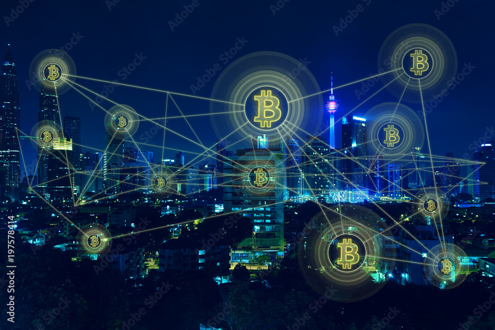 Poster bitcoins and blockchain network connection with night city background .electronic money ,blockchain 