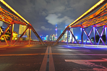Night traffic lights inside of the Garden Bridge of shanghai china.