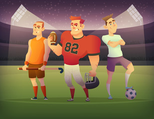 Concept of team sports. Soccer, football and cricket players stand on the field of the stadium at night.