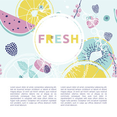Fototapeta na wymiar Fresh market design concept. Hand drawn vector illustration with fruits, berries and text.