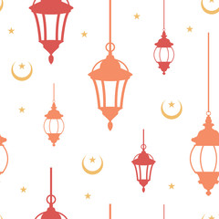 Seamless Pattern of Islamic Lantern with Crescent Background Illustration