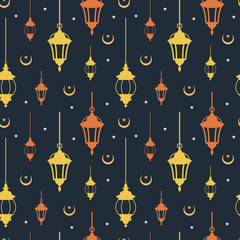 Seamless Pattern of Islamic Lantern with Crescent Background Illustration