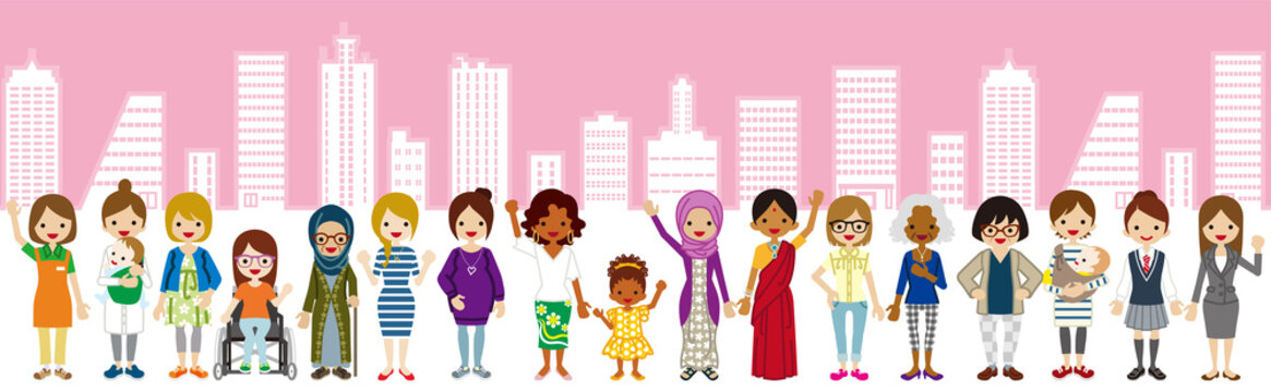 Standing Various women,Cityscape background - Women’s Rights concept